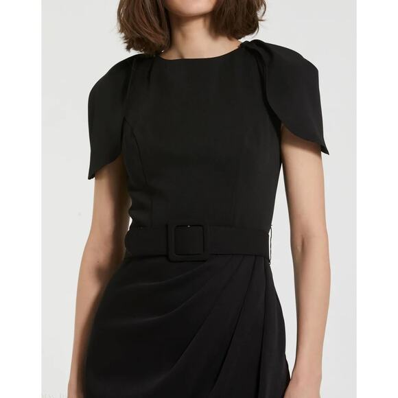 NWT Mac Duggal Black Crepe Belted Tulip Sleeve Midi Dress 8 Quiet Luxury Career - Picture 3 of 13